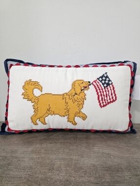 Martha Stewart Patriotic Pillow 4th of July  Needlepoint Gold Retriever New